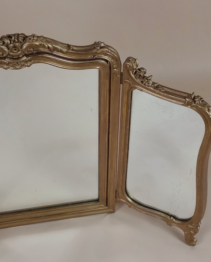 19th C. English Carved Gilt Wood Folding Triptych Mirror
