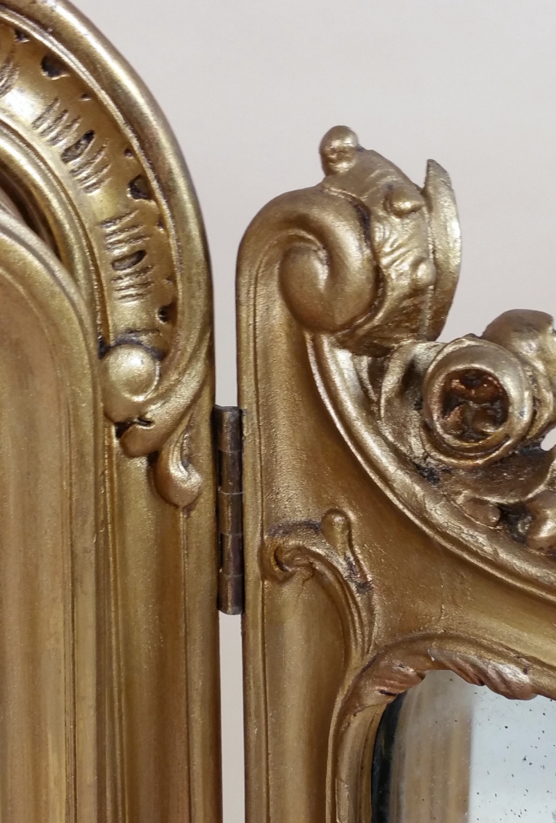 19th C. English Carved Gilt Wood Folding Triptych Mirror