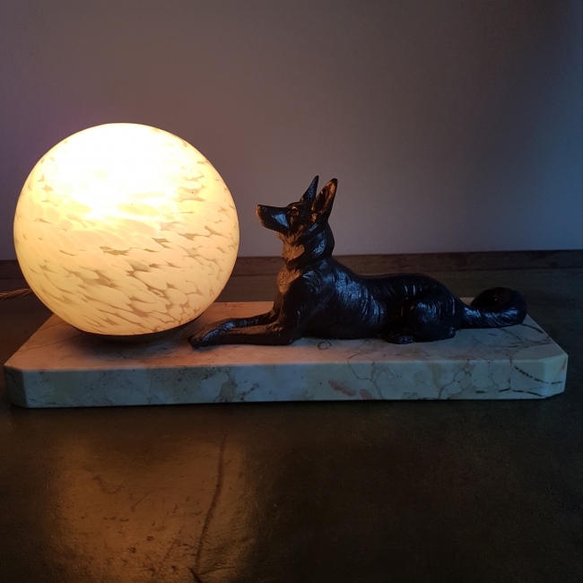 SOLD French Art Deco Lying Dog Mood Lamp on Marble Base