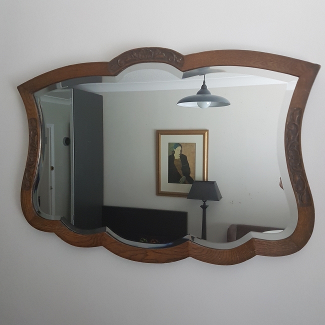 SOLD 1920s Oak Bevelled Mirror of Unusual Shape