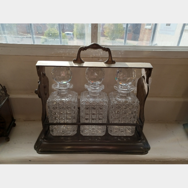Large Metal Tantalus with 3 decanters