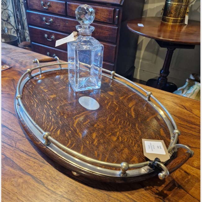 Edwardian Oak Silverplate Galleried Serving Tray