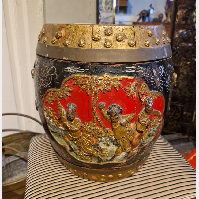 Chinese Wood Rice Barrel Garden Seat Highly Decorated in Chinoiserie Style