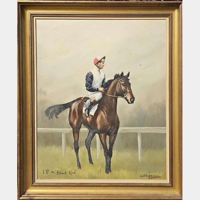 L. JOHN MORRIS, EQUESTRIAN ARTIST LESTER PIGOTT UP ON THE HORSE ELLAND RD