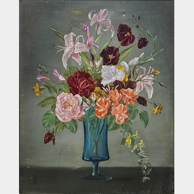 CHRISTOPHER HILL, 1938 - 1990, OIL ON CANVAS Still life, flowers in a glass vase