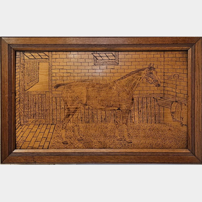 W. YOUNG, A VICTORIAN EQUESTRIAN POKER WORK ON PANEL Titled ‘The Squire’, horse in a stable yard