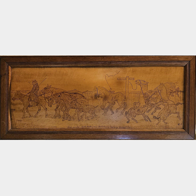 W. YOUNG, A VICTORIAN EQUESTRIAN POKER WORK ON PANEL  Titled ‘Barnet Fair’, group scene, with horses and trainers