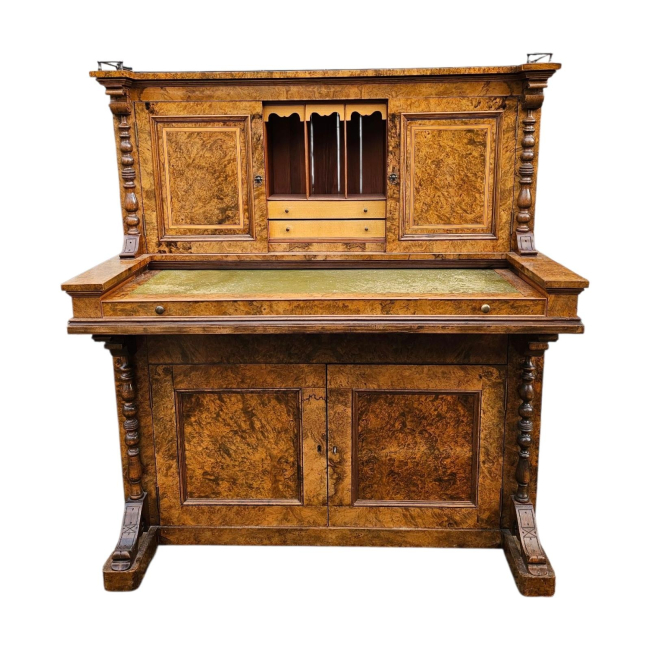 A VICTORIAN BURR WALNUT PIANO FRONTED WRITING CABINET
