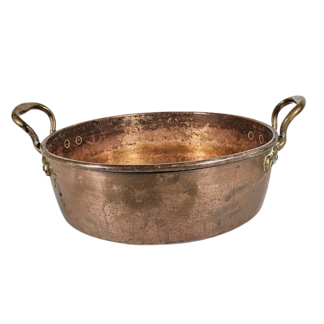 A Large 19th Century Copper Preserving Pan With Brass D Shaped Handles.