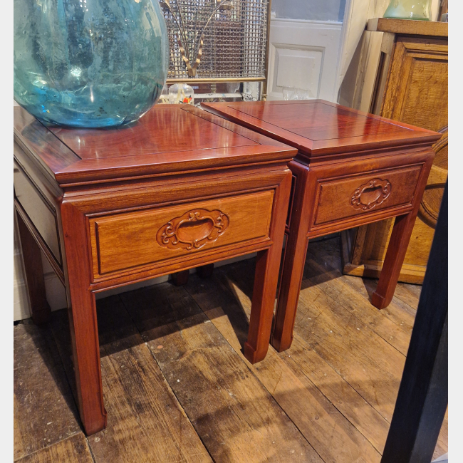 Pair of Oriental Bedside Lamp Tables with Single Drawer