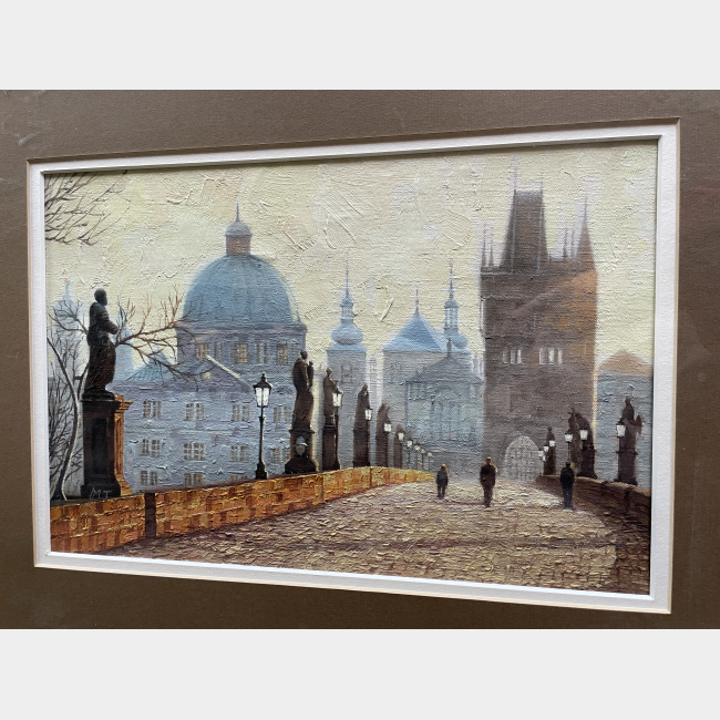 Charles Bridge, Prague. An original oil painting on board, signed M.T.